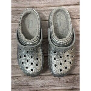 Crocs Classic Silver Glitter Faux Fur Lined Clog Women's Size J5 US 6 VGUC